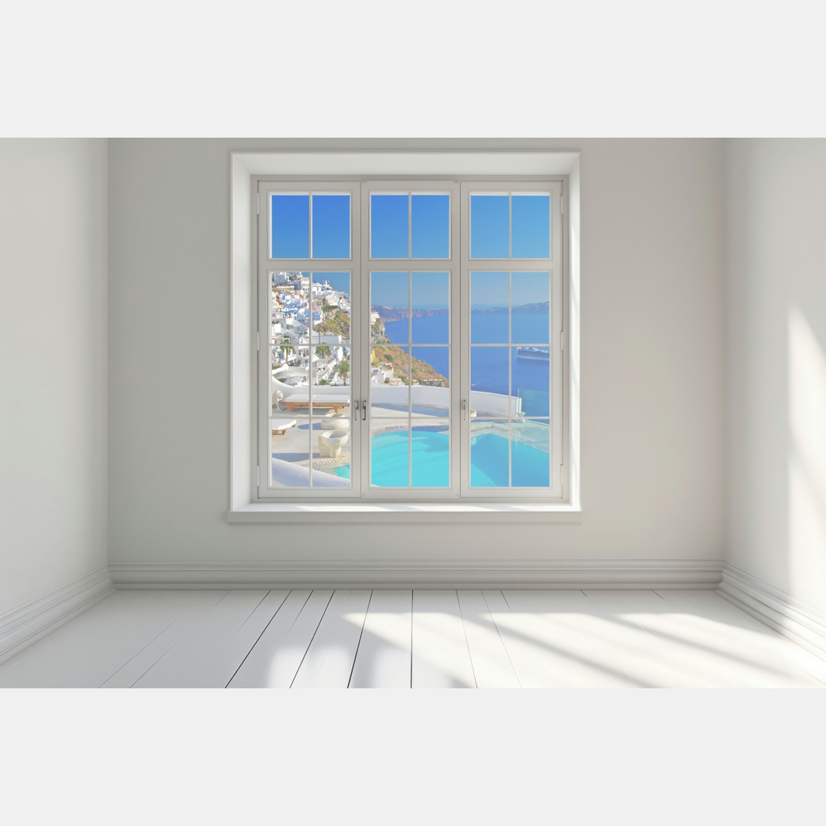 Naklejka na okno Santorini widok na morze z basenem – Wallissimo® Naklejka na okno Santorini widok na morze z basenem – Wallissimo®