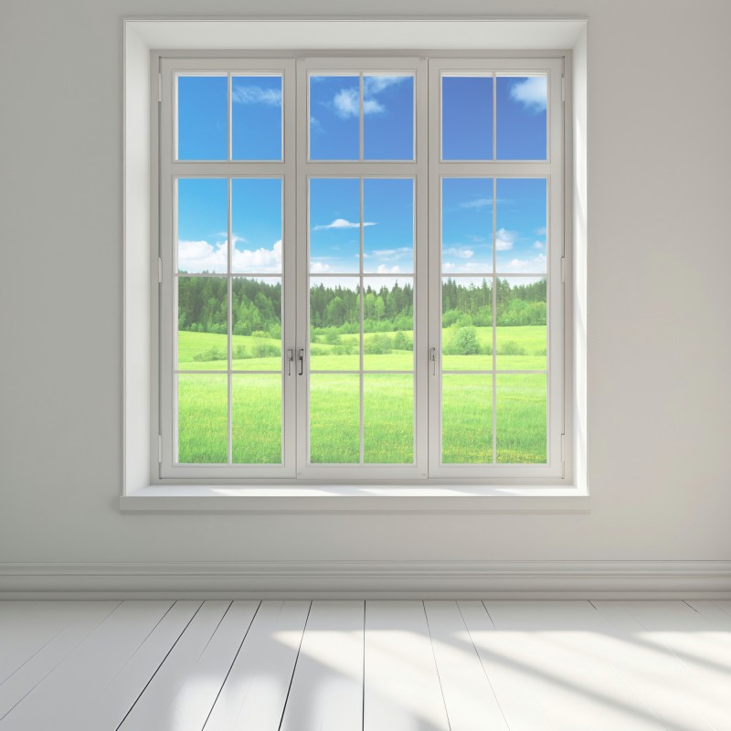 Naklejka na okno wiosenna łąka pod błękitnym niebem – Wallissimo® Naklejka na okno wiosenna łąka pod błękitnym niebem – Wallissimo®