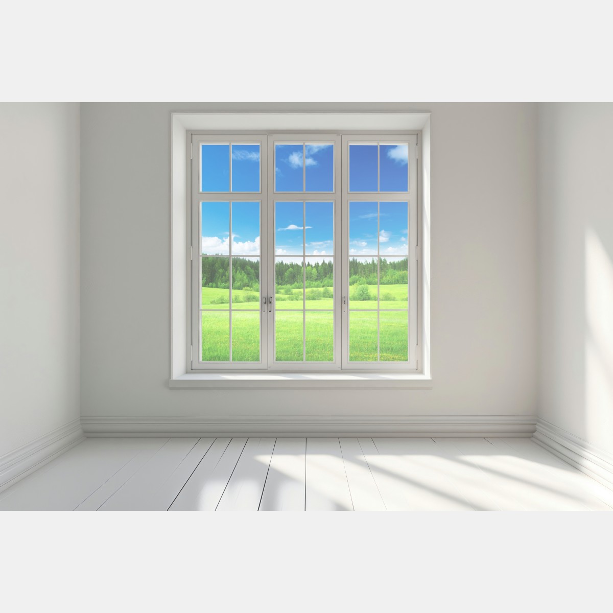 Naklejka na okno wiosenna łąka pod błękitnym niebem – Wallissimo® Naklejka na okno wiosenna łąka pod błękitnym niebem – Wallissimo®