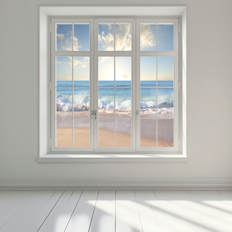 Naklejka na okno spokojny zachód słońca nad plażą – Wallissimo® Naklejka na okno spokojny zachód słońca nad plażą – Wallissimo®