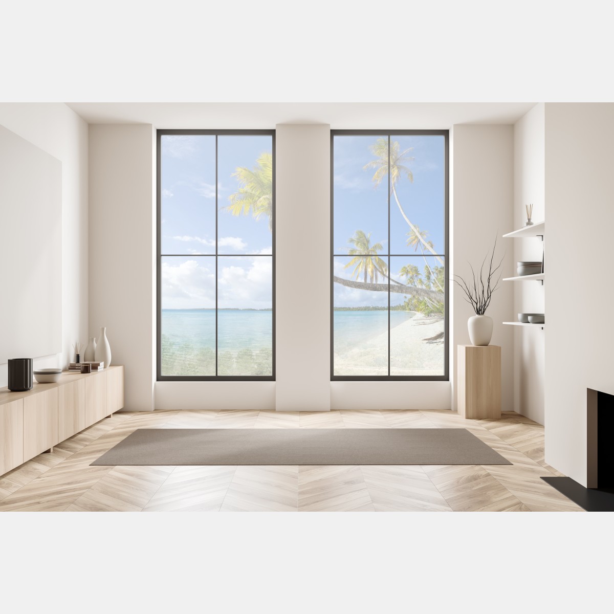Naklejka na okno tropikalna turkusowa plaża z pochyloną palmą – Wallissimo® Naklejka na okno tropikalna turkusowa plaża z pochyloną palmą – Wallissimo®