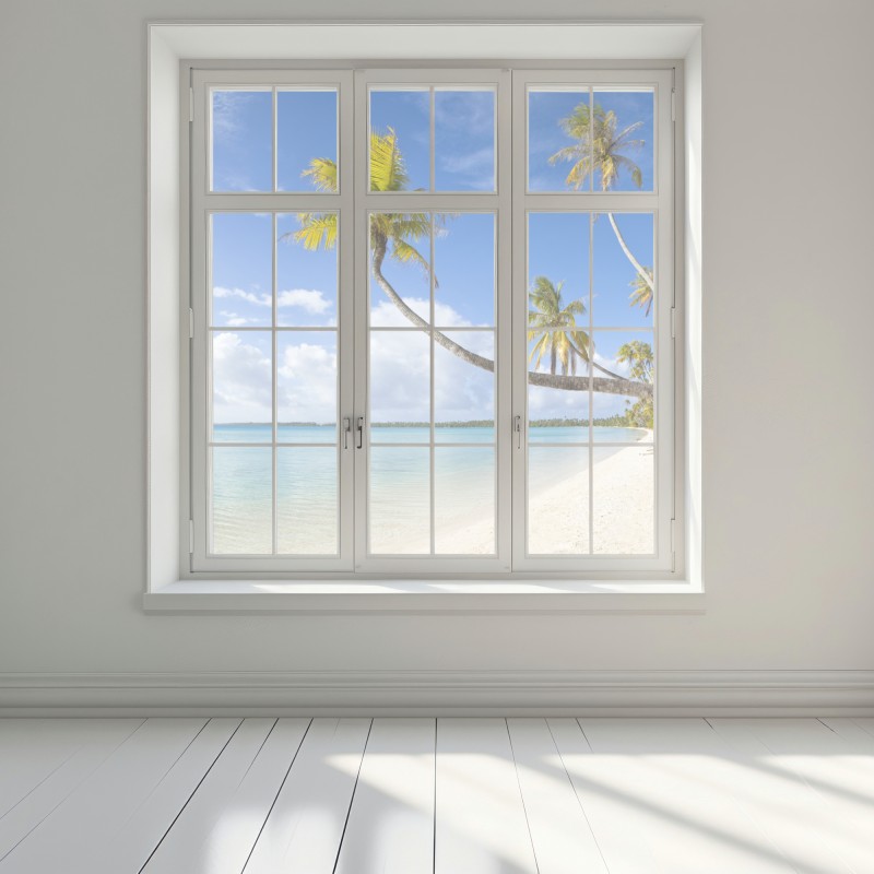 Naklejka na okno tropikalna turkusowa plaża z pochyloną palmą – Wallissimo® Naklejka na okno tropikalna turkusowa plaża z pochyloną palmą – Wallissimo®