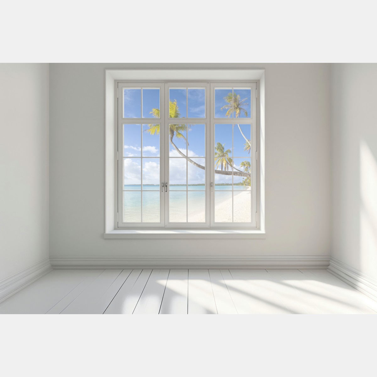 Naklejka na okno tropikalna turkusowa plaża z pochyloną palmą – Wallissimo® Naklejka na okno tropikalna turkusowa plaża z pochyloną palmą – Wallissimo®
