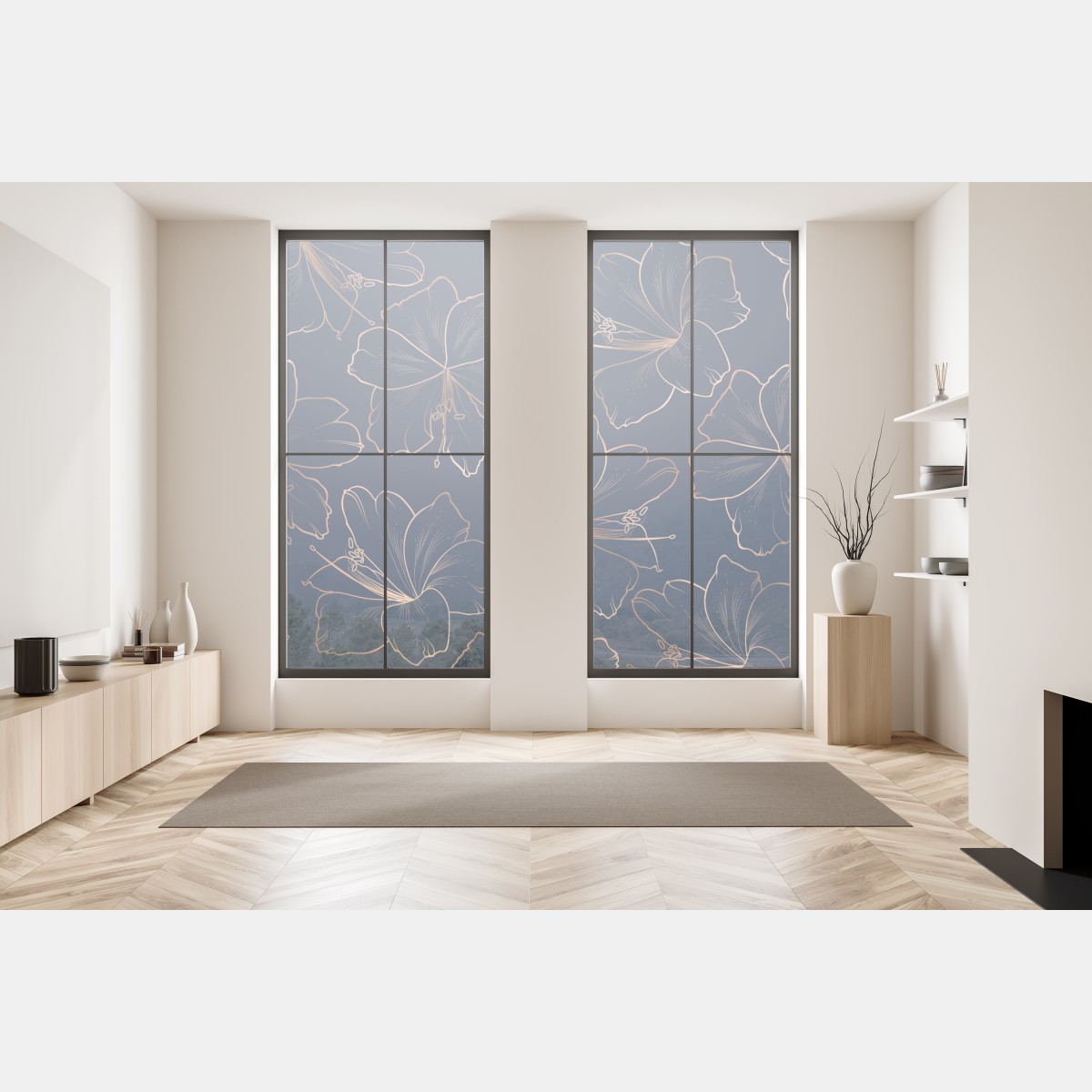 Naklejka na okno granatowy motyw z złotymi konturami kwiatów – Wallissimo® Naklejka na okno granatowy motyw z złotymi konturami kwiatów – Wallissimo®