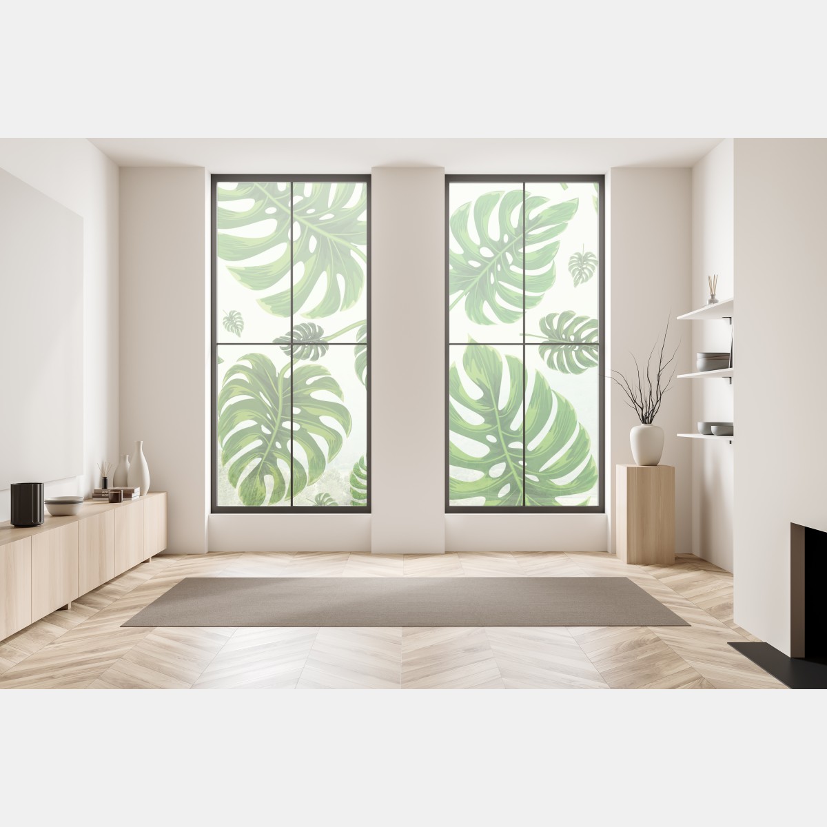 Naklejka na okno wzór tropikalnych liści monstery – Wallissimo® Naklejka na okno wzór tropikalnych liści monstery – Wallissimo®