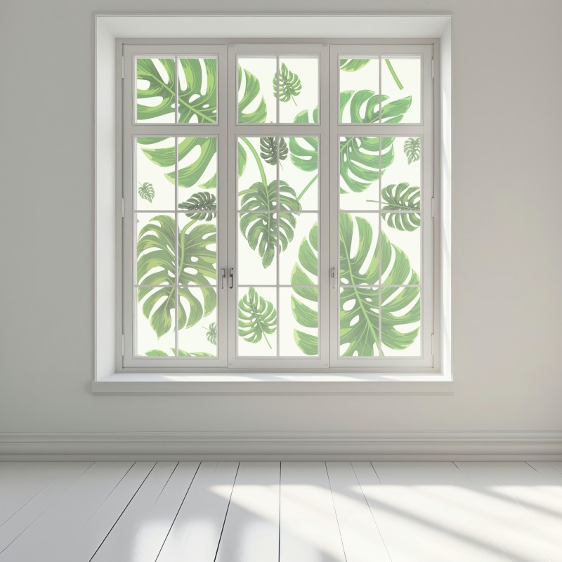 Naklejka na okno wzór tropikalnych liści monstery – Wallissimo® Naklejka na okno wzór tropikalnych liści monstery – Wallissimo®