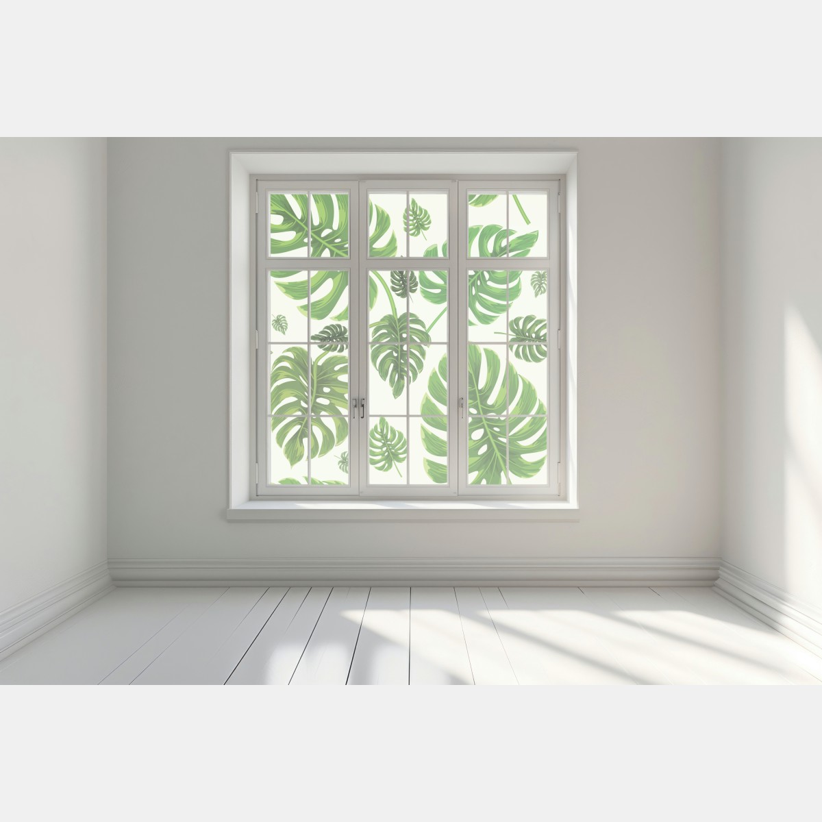 Naklejka na okno wzór tropikalnych liści monstery – Wallissimo® Naklejka na okno wzór tropikalnych liści monstery – Wallissimo®
