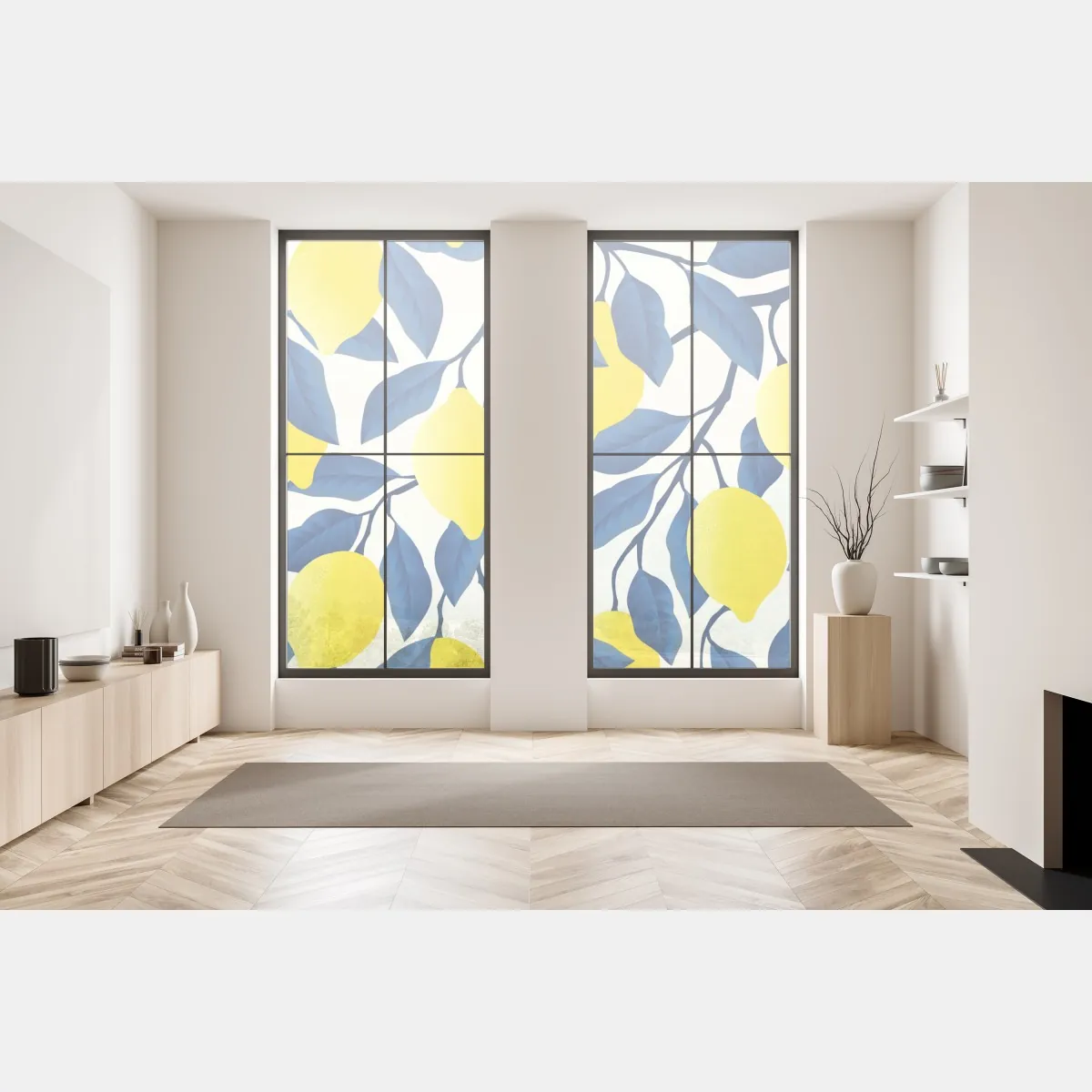 Naklejka na okno żywy wzór cytryn z niebieskimi liśćmi – Wallissimo® Naklejka na okno żywy wzór cytryn z niebieskimi liśćmi – Wallissimo®