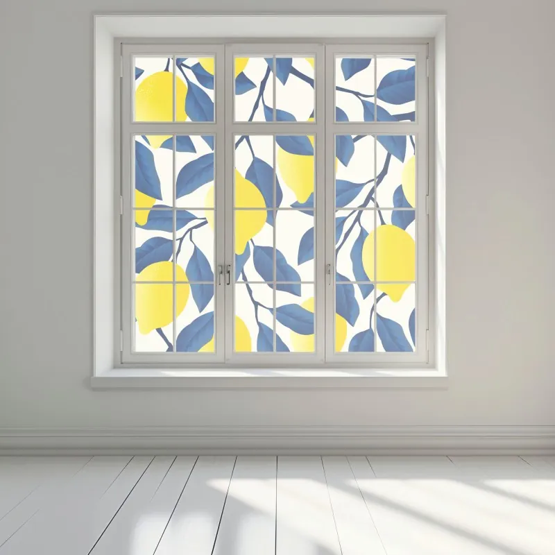 Naklejka na okno żywy wzór cytryn z niebieskimi liśćmi – Wallissimo® Naklejka na okno żywy wzór cytryn z niebieskimi liśćmi – Wallissimo®