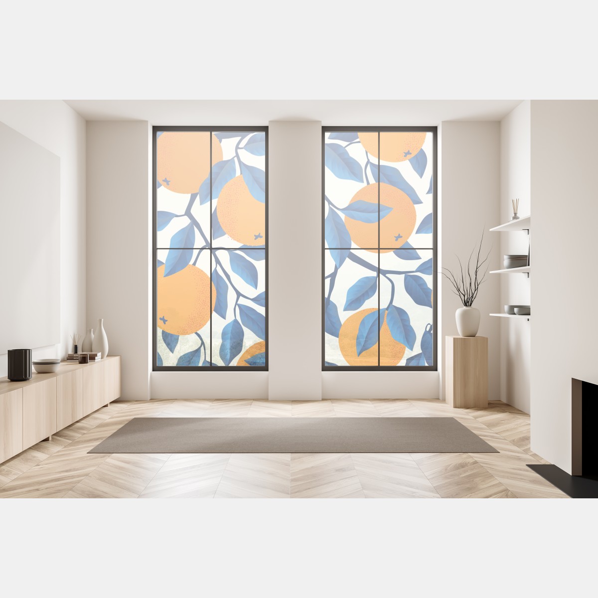 Naklejka na okno żywy wzór cytrusów w pomarańczach i niebieskich liściach – Wallissimo® Naklejka na okno żywy wzór cytrusów w pomarańczach i niebieskich liściach – Wallissimo®