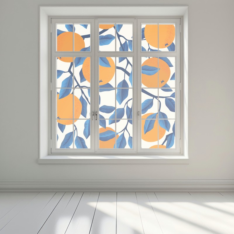 Naklejka na okno żywy wzór cytrusów w pomarańczach i niebieskich liściach – Wallissimo® Naklejka na okno żywy wzór cytrusów w pomarańczach i niebieskich liściach – Wallissimo®