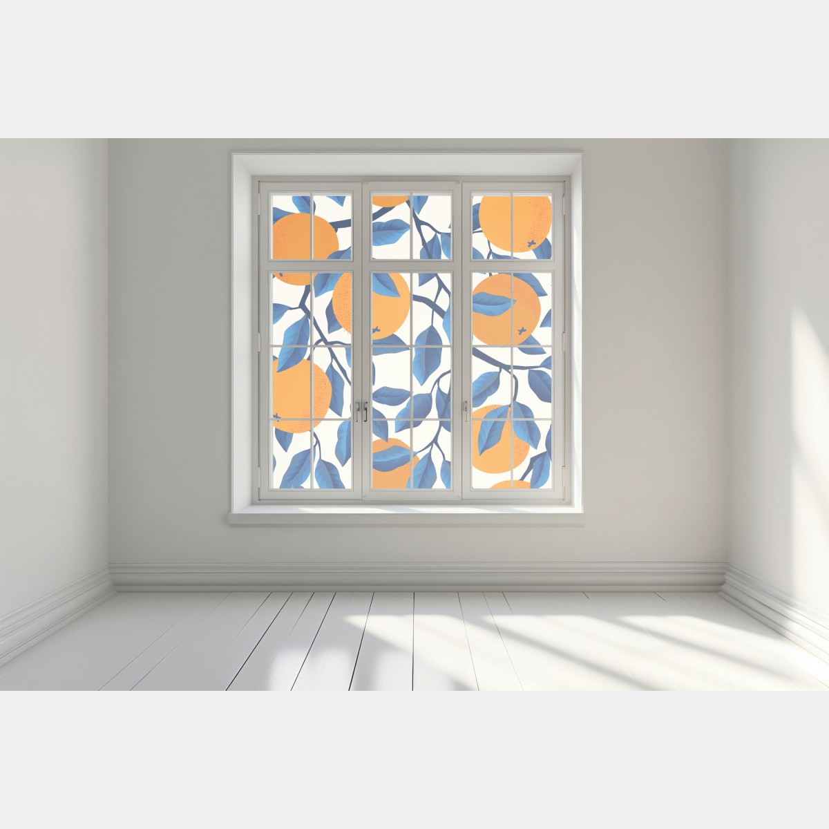 Naklejka na okno żywy wzór cytrusów w pomarańczach i niebieskich liściach – Wallissimo® Naklejka na okno żywy wzór cytrusów w pomarańczach i niebieskich liściach – Wallissimo®