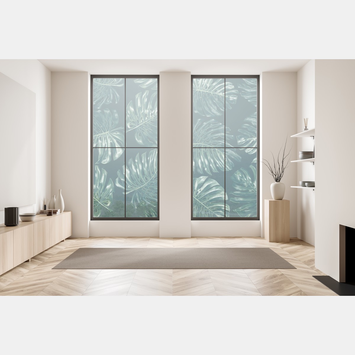 Naklejka na okno wzór tropikalnych liści monstery – Wallissimo® Naklejka na okno wzór tropikalnych liści monstery – Wallissimo®