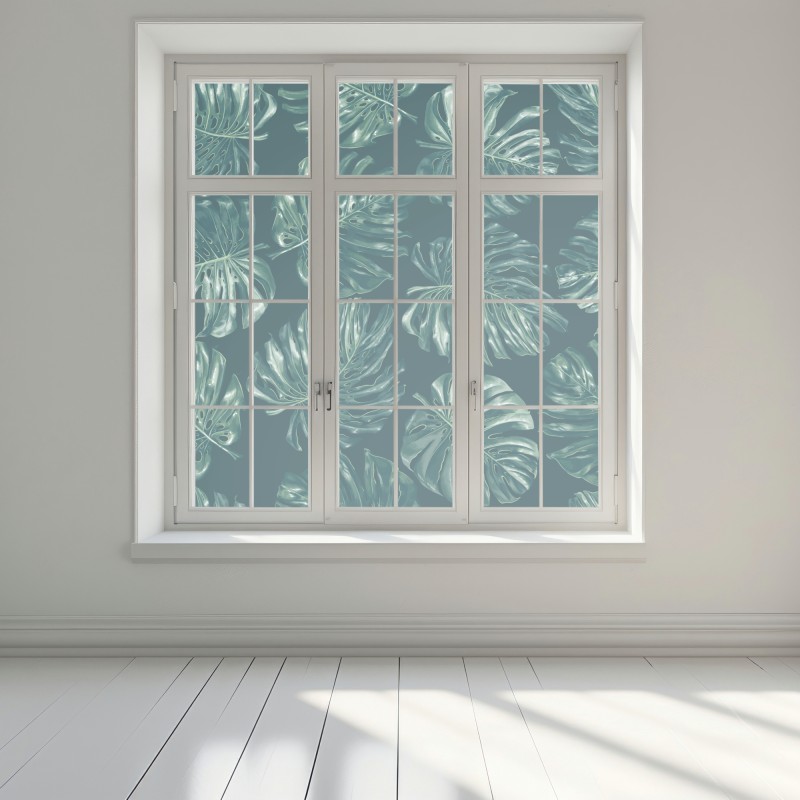 Naklejka na okno wzór tropikalnych liści monstery – Wallissimo® Naklejka na okno wzór tropikalnych liści monstery – Wallissimo®