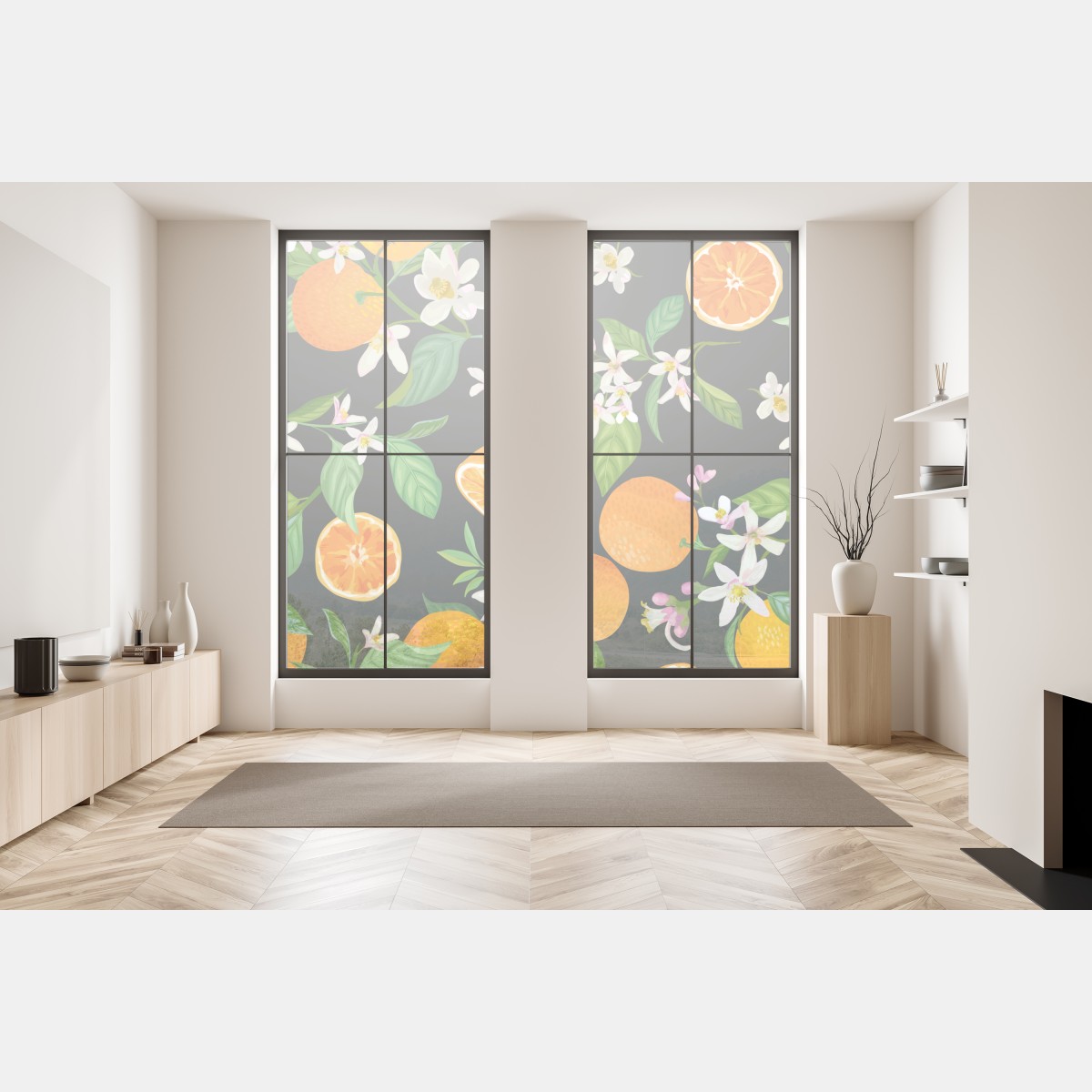 Naklejka na okno wzór z kwiatami i pomarańczami na ciemnym tle – Wallissimo® Naklejka na okno wzór z kwiatami i pomarańczami na ciemnym tle – Wallissimo®