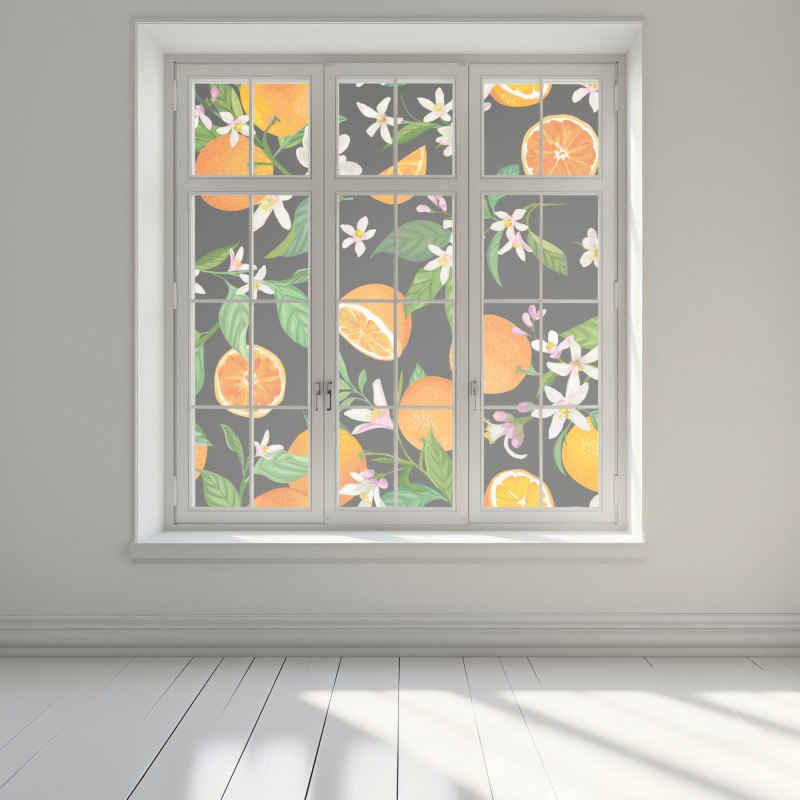Naklejka na okno wzór z kwiatami i pomarańczami na ciemnym tle – Wallissimo® Naklejka na okno wzór z kwiatami i pomarańczami na ciemnym tle – Wallissimo®