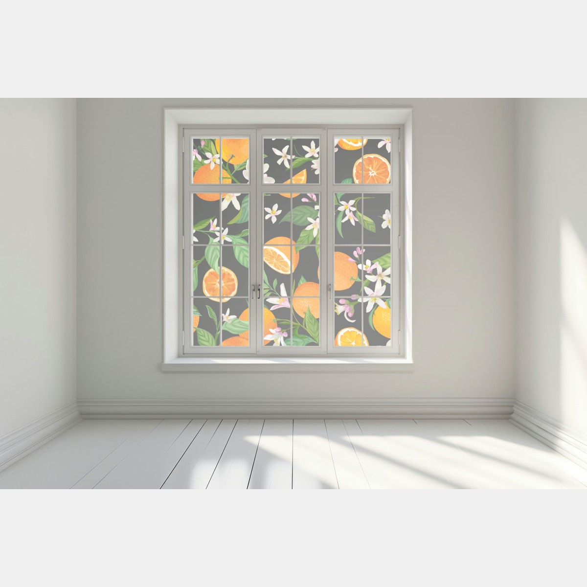 Naklejka na okno wzór z kwiatami i pomarańczami na ciemnym tle – Wallissimo® Naklejka na okno wzór z kwiatami i pomarańczami na ciemnym tle – Wallissimo®