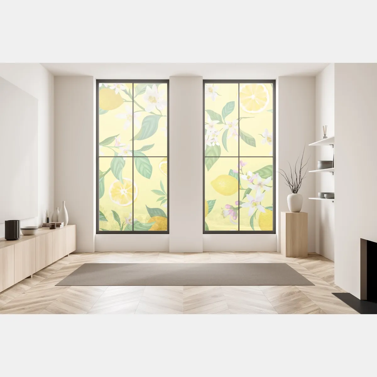 Naklejka na okno wzór z kwiatami i cytrynami – Wallissimo® Naklejka na okno wzór z kwiatami i cytrynami – Wallissimo®