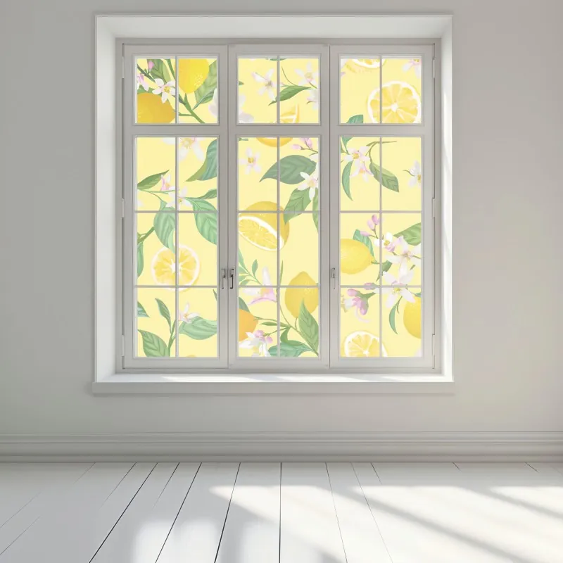Naklejka na okno wzór z kwiatami i cytrynami – Wallissimo® Naklejka na okno wzór z kwiatami i cytrynami – Wallissimo®