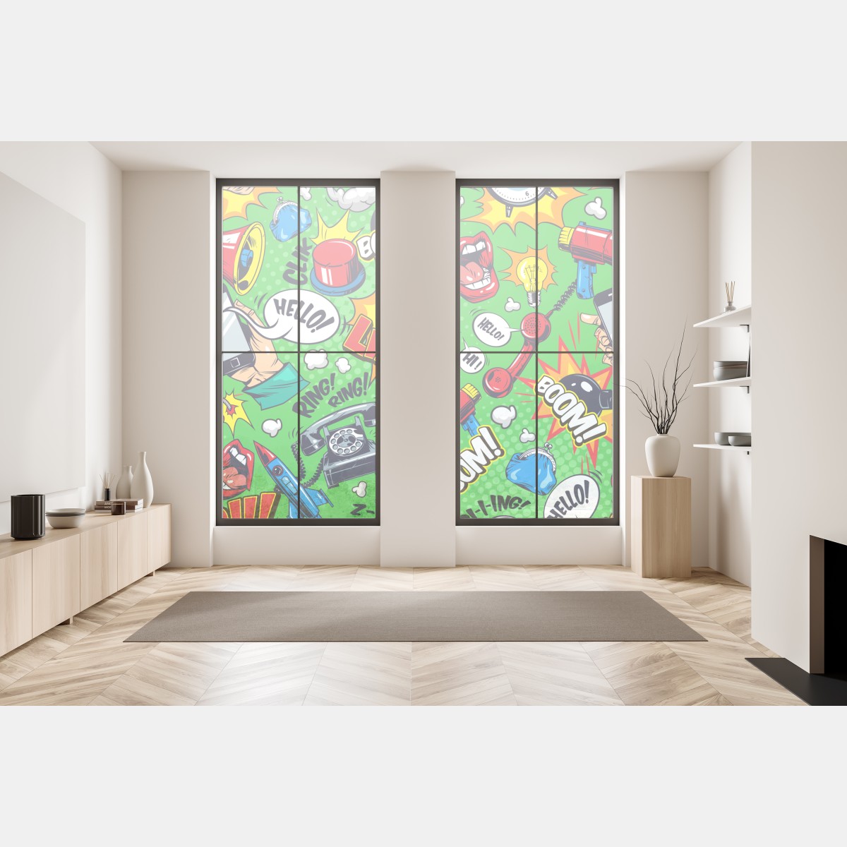 Naklejka na okno komiksowy wzór pop art z eksplozjami – Wallissimo® Naklejka na okno komiksowy wzór pop art z eksplozjami – Wallissimo®