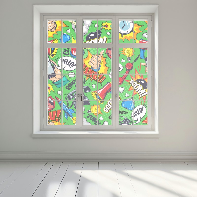 Naklejka na okno komiksowy wzór pop art z eksplozjami – Wallissimo® Naklejka na okno komiksowy wzór pop art z eksplozjami – Wallissimo®