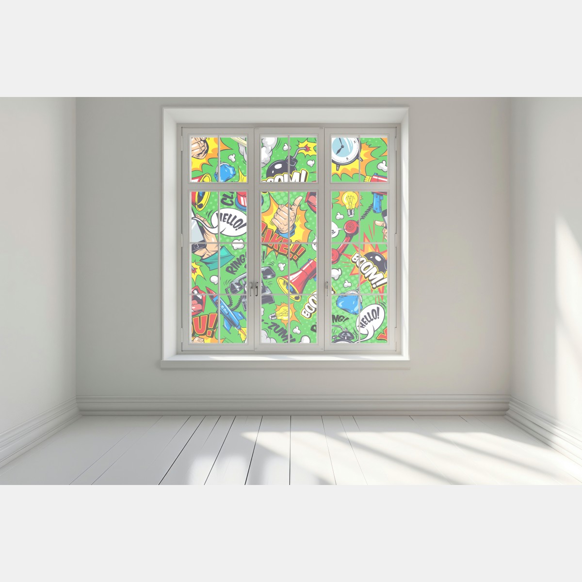 Naklejka na okno komiksowy wzór pop art z eksplozjami – Wallissimo® Naklejka na okno komiksowy wzór pop art z eksplozjami – Wallissimo®