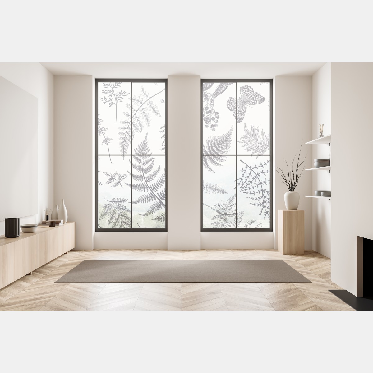 Naklejka na okno monochromatyczny botaniczny wzór liści – Wallissimo® Naklejka na okno monochromatyczny botaniczny wzór liści – Wallissimo®