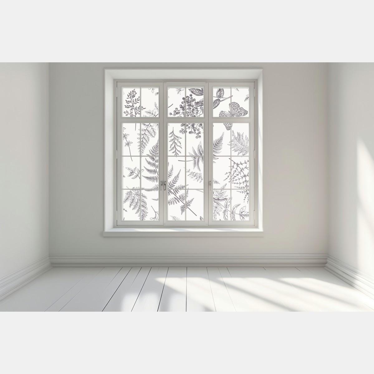 Naklejka na okno monochromatyczny botaniczny wzór liści – Wallissimo® Naklejka na okno monochromatyczny botaniczny wzór liści – Wallissimo®