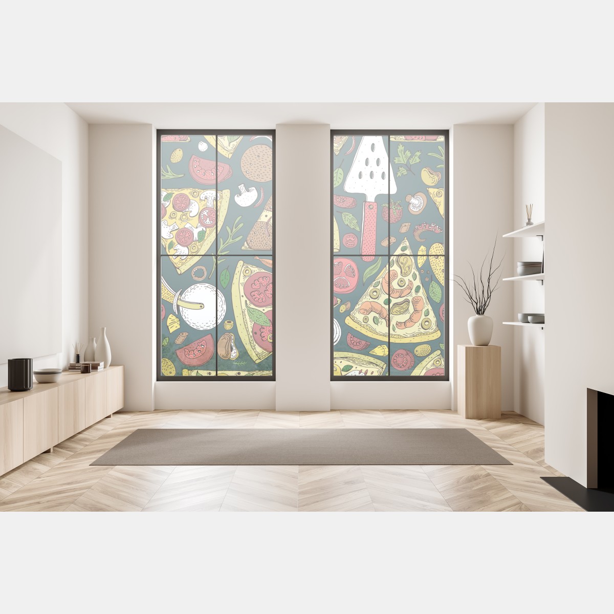 Naklejka na okno kolorowy wzór plasterków pizzy – Wallissimo® Naklejka na okno kolorowy wzór plasterków pizzy – Wallissimo®