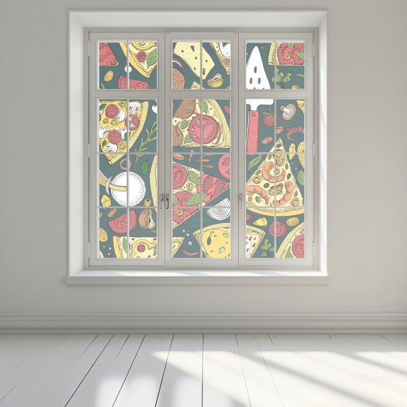Naklejka na okno kolorowy wzór plasterków pizzy – Wallissimo® Naklejka na okno kolorowy wzór plasterków pizzy – Wallissimo®