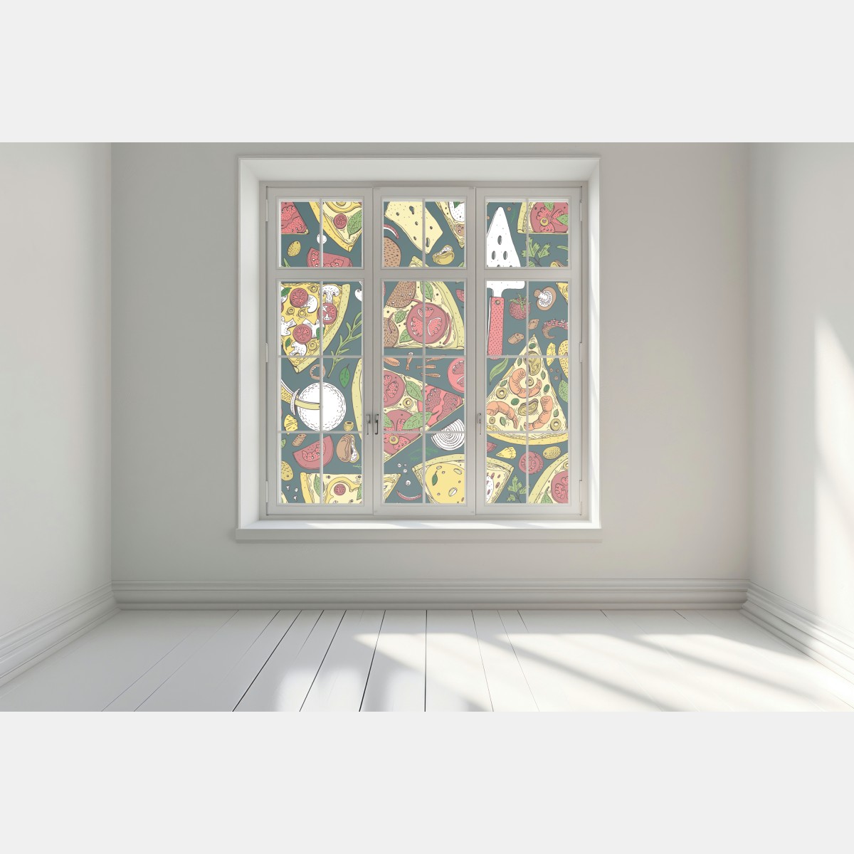 Naklejka na okno kolorowy wzór plasterków pizzy – Wallissimo® Naklejka na okno kolorowy wzór plasterków pizzy – Wallissimo®