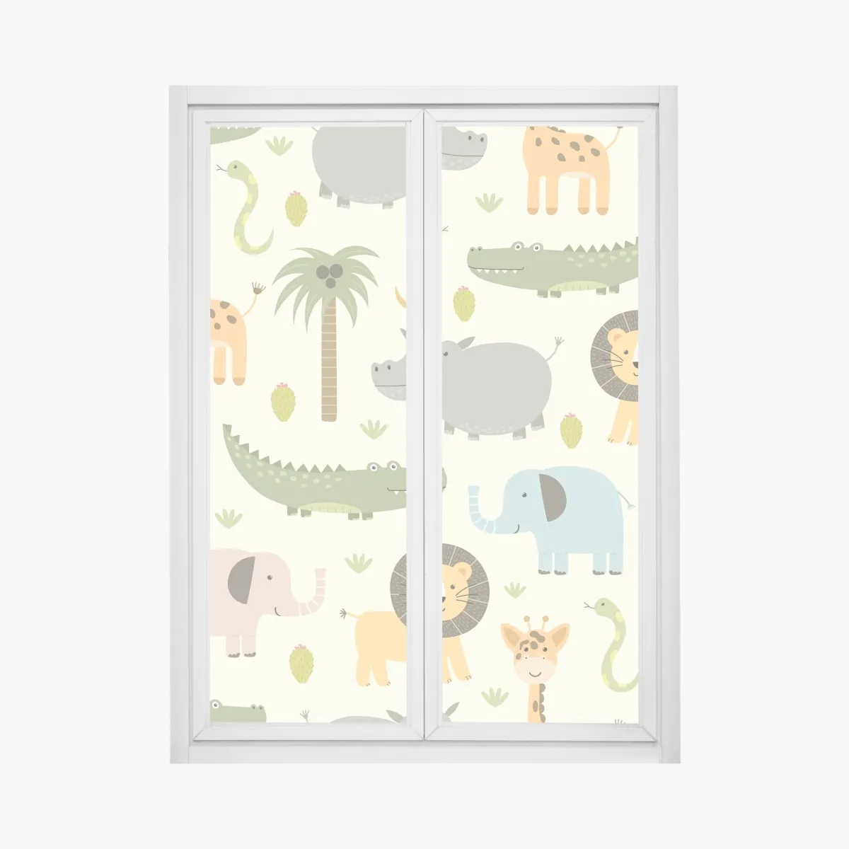 Naklejka na okno pastelowy wzór zwierząt safari – Wallissimo® Naklejka na okno pastelowy wzór zwierząt safari – Wallissimo®
