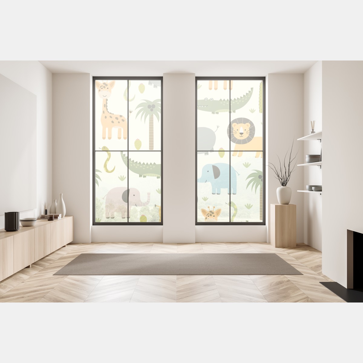 Naklejka na okno pastelowy wzór zwierząt safari – Wallissimo® Naklejka na okno pastelowy wzór zwierząt safari – Wallissimo®