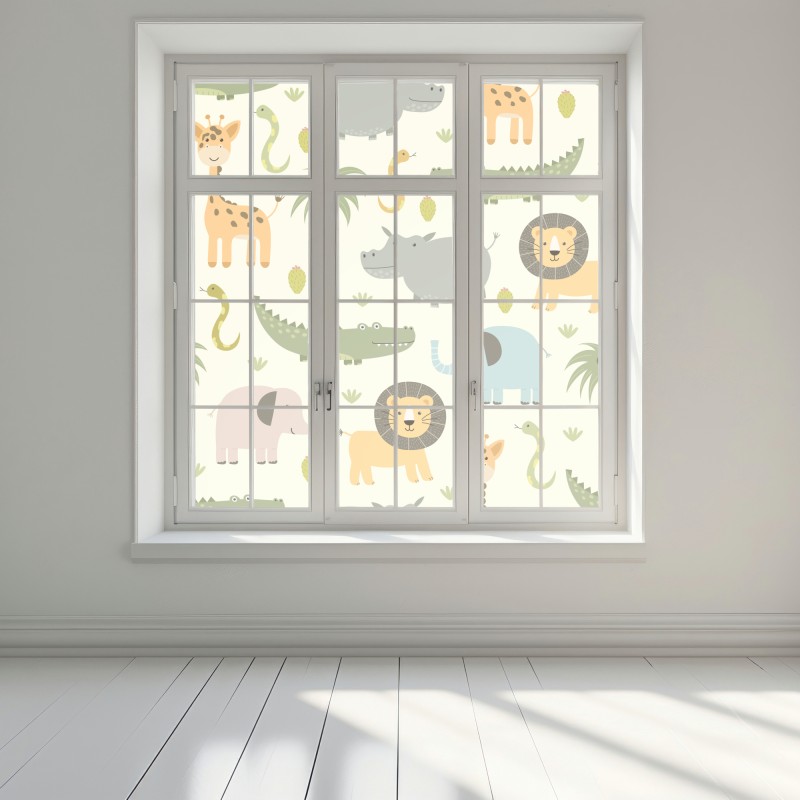 Naklejka na okno pastelowy wzór zwierząt safari – Wallissimo® Naklejka na okno pastelowy wzór zwierząt safari – Wallissimo®