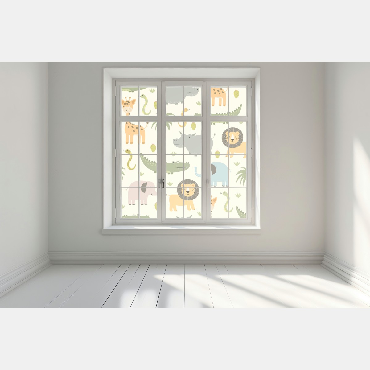 Naklejka na okno pastelowy wzór zwierząt safari – Wallissimo® Naklejka na okno pastelowy wzór zwierząt safari – Wallissimo®