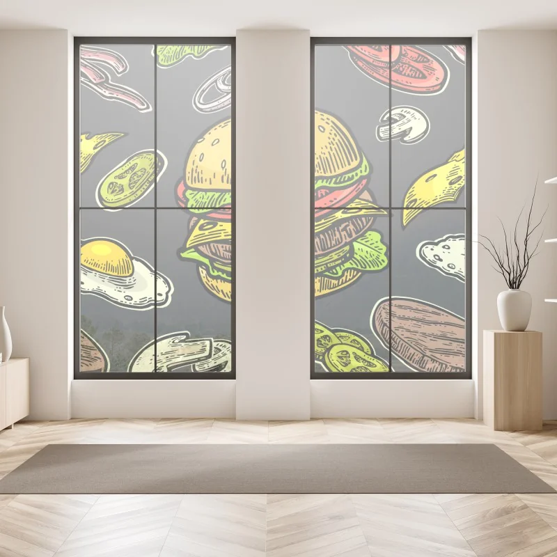 Naklejka na okno kolorowy wzór z burgerem i składnikami – Wallissimo® Naklejka na okno kolorowy wzór z burgerem i składnikami – Wallissimo®