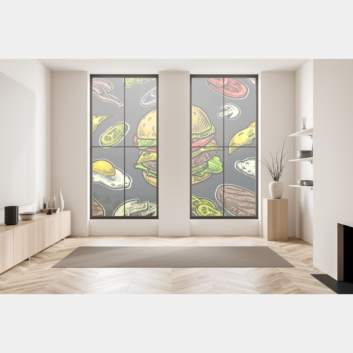 Naklejka na okno kolorowy wzór z burgerem i składnikami – Wallissimo® Naklejka na okno kolorowy wzór z burgerem i składnikami – Wallissimo®