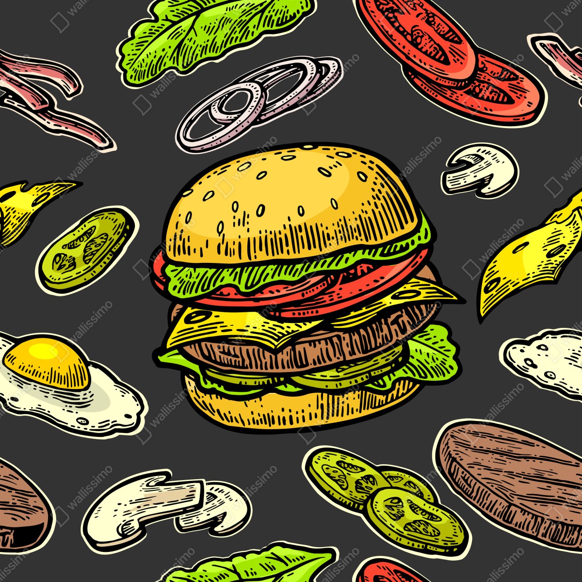 Naklejka na okno kolorowy wzór z burgerem i składnikami – Wallissimo® Naklejka na okno kolorowy wzór z burgerem i składnikami – Wallissimo®