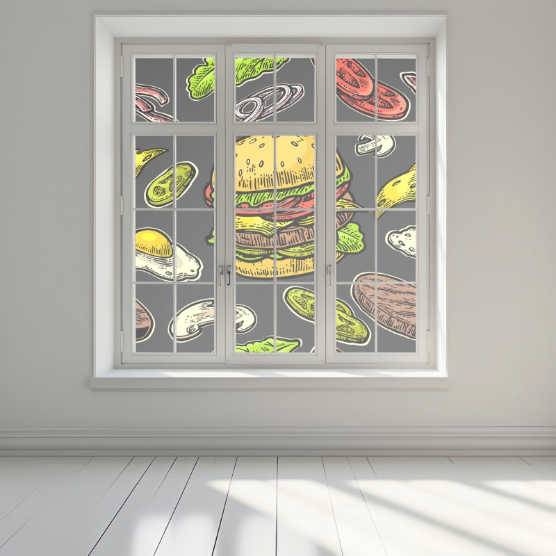 Naklejka na okno kolorowy wzór z burgerem i składnikami – Wallissimo® Naklejka na okno kolorowy wzór z burgerem i składnikami – Wallissimo®
