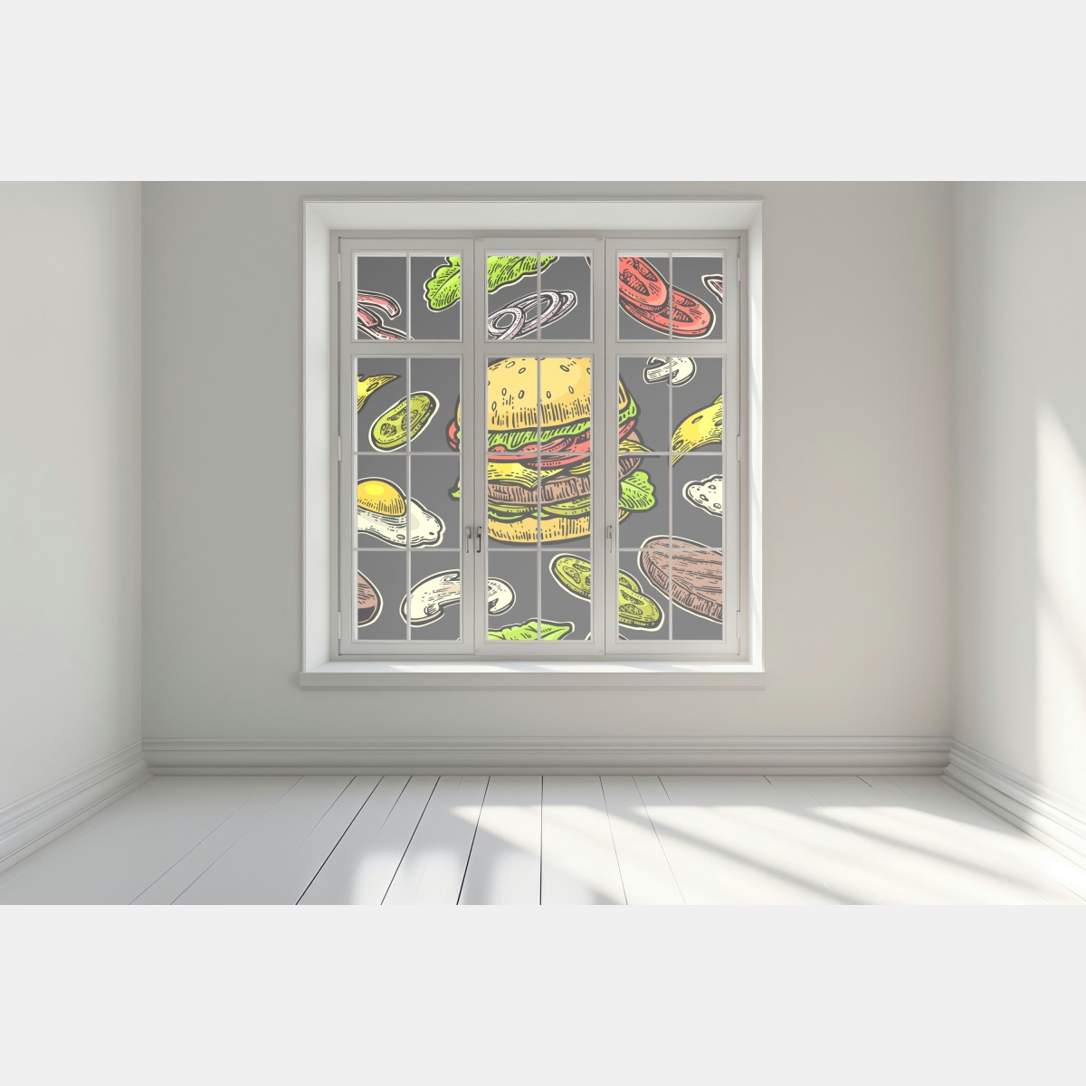 Naklejka na okno kolorowy wzór z burgerem i składnikami – Wallissimo® Naklejka na okno kolorowy wzór z burgerem i składnikami – Wallissimo®