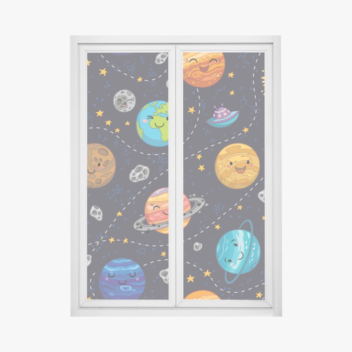 Window decal smiling planets in playful space pattern