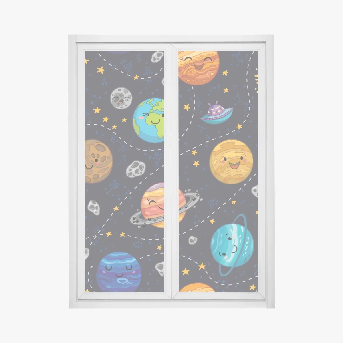Naklejka na okno uśmiechnięte planety na zabawnym tle kosmicznym – Wallissimo® Naklejka na okno uśmiechnięte planety na zabawnym tle kosmicznym – Wallissimo®