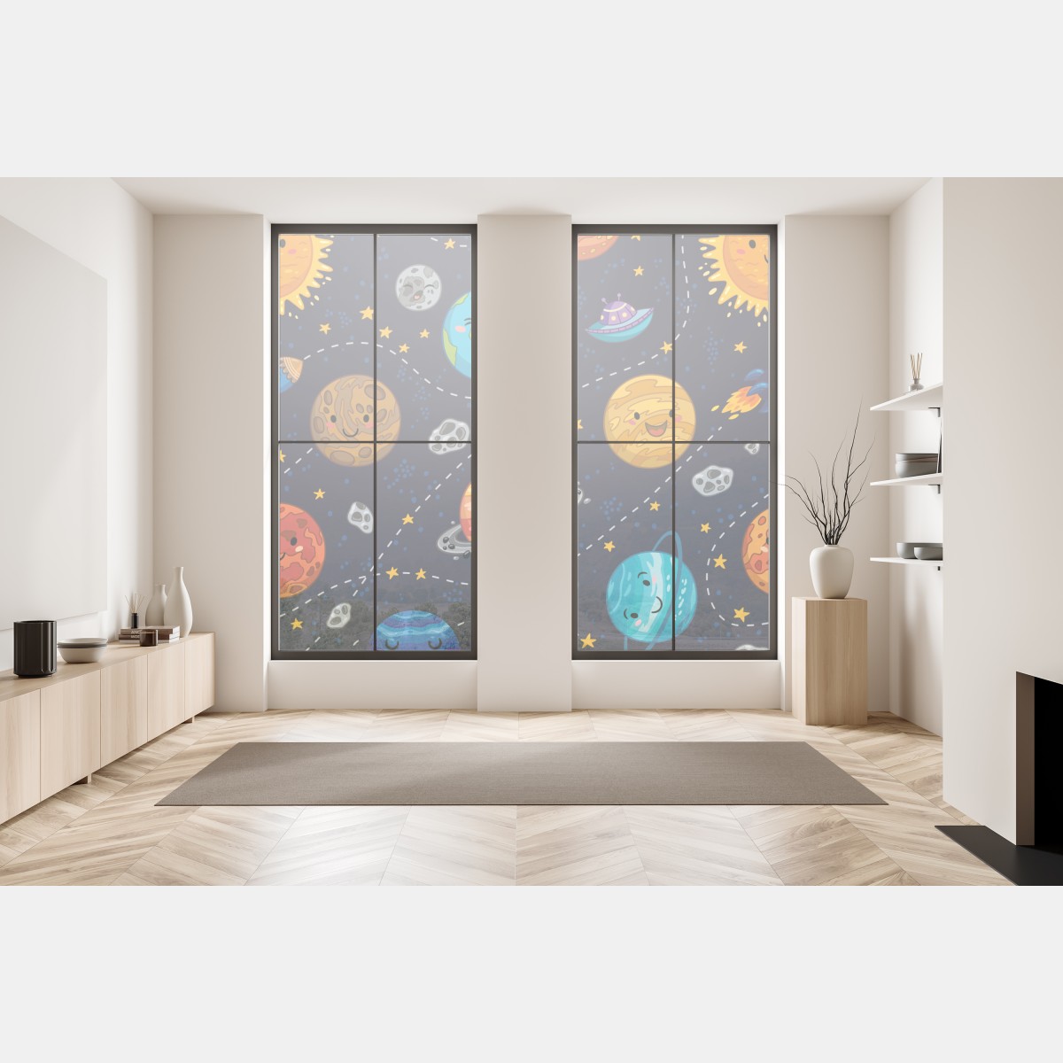 Naklejka na okno uśmiechnięte planety na zabawnym tle kosmicznym – Wallissimo® Naklejka na okno uśmiechnięte planety na zabawnym tle kosmicznym – Wallissimo®