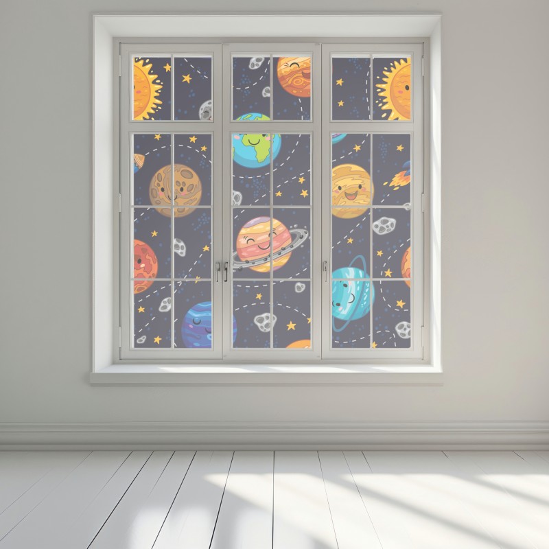 Naklejka na okno uśmiechnięte planety na zabawnym tle kosmicznym – Wallissimo® Naklejka na okno uśmiechnięte planety na zabawnym tle kosmicznym – Wallissimo®