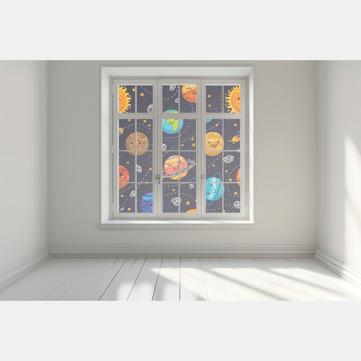 Naklejka na okno uśmiechnięte planety na zabawnym tle kosmicznym – Wallissimo® Naklejka na okno uśmiechnięte planety na zabawnym tle kosmicznym – Wallissimo®