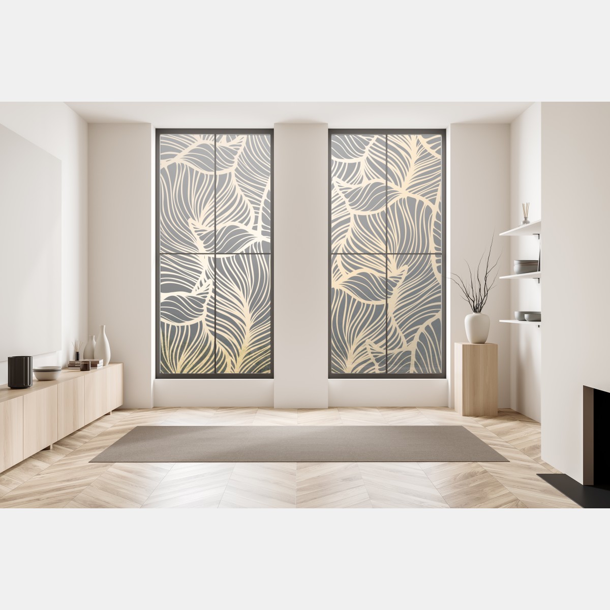 Naklejka na okno złoty wzór liści na czarnym tle – Wallissimo® Naklejka na okno złoty wzór liści na czarnym tle – Wallissimo®