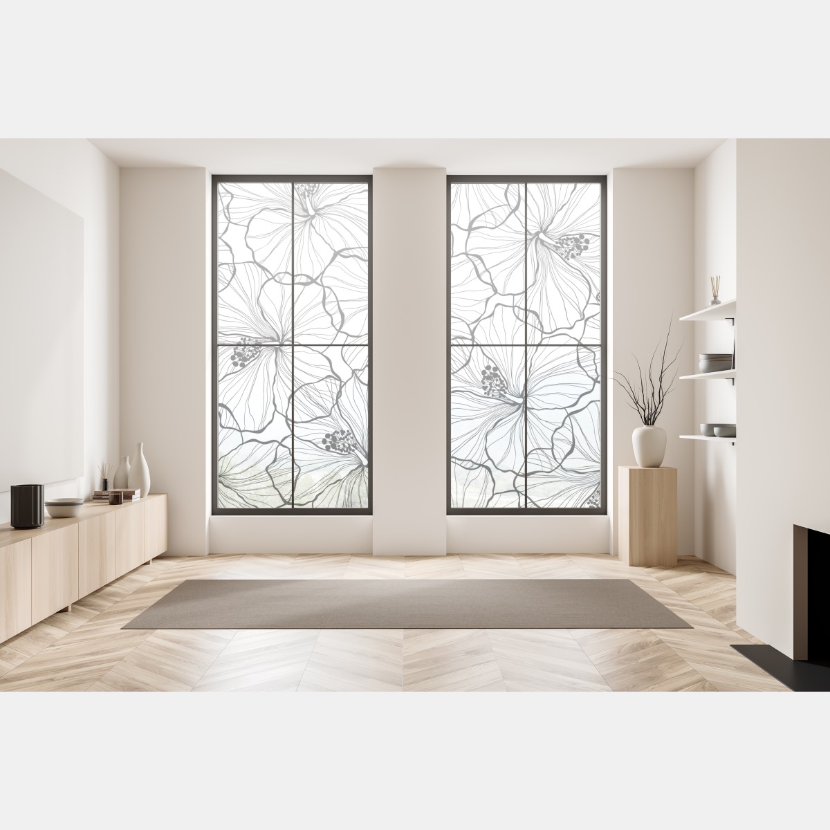 Naklejka na okno czarno-biały hibiskus w stylu line art – Wallissimo® Naklejka na okno czarno-biały hibiskus w stylu line art – Wallissimo®