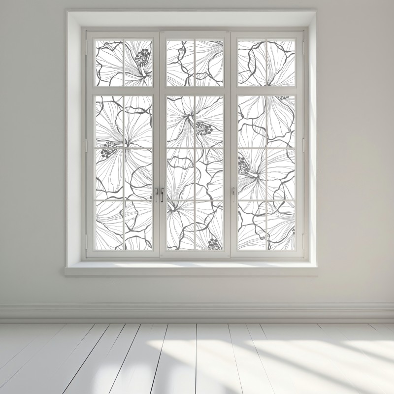 Naklejka na okno czarno-biały hibiskus w stylu line art – Wallissimo® Naklejka na okno czarno-biały hibiskus w stylu line art – Wallissimo®