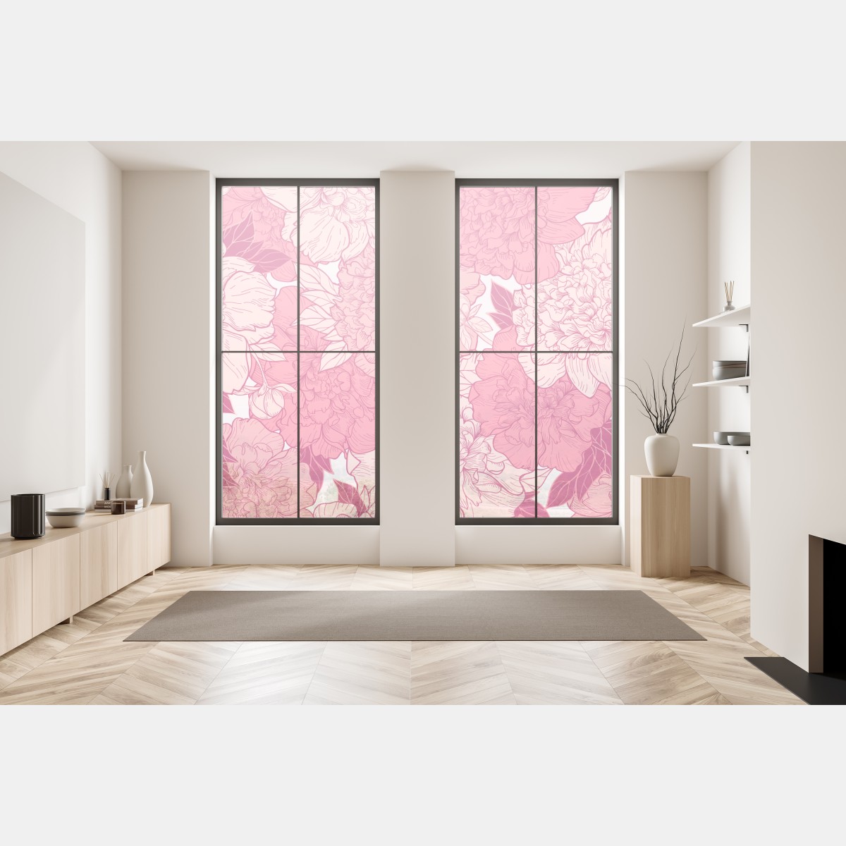 Naklejka na okno różowy wzór z piwoniami – Wallissimo® Naklejka na okno różowy wzór z piwoniami – Wallissimo®