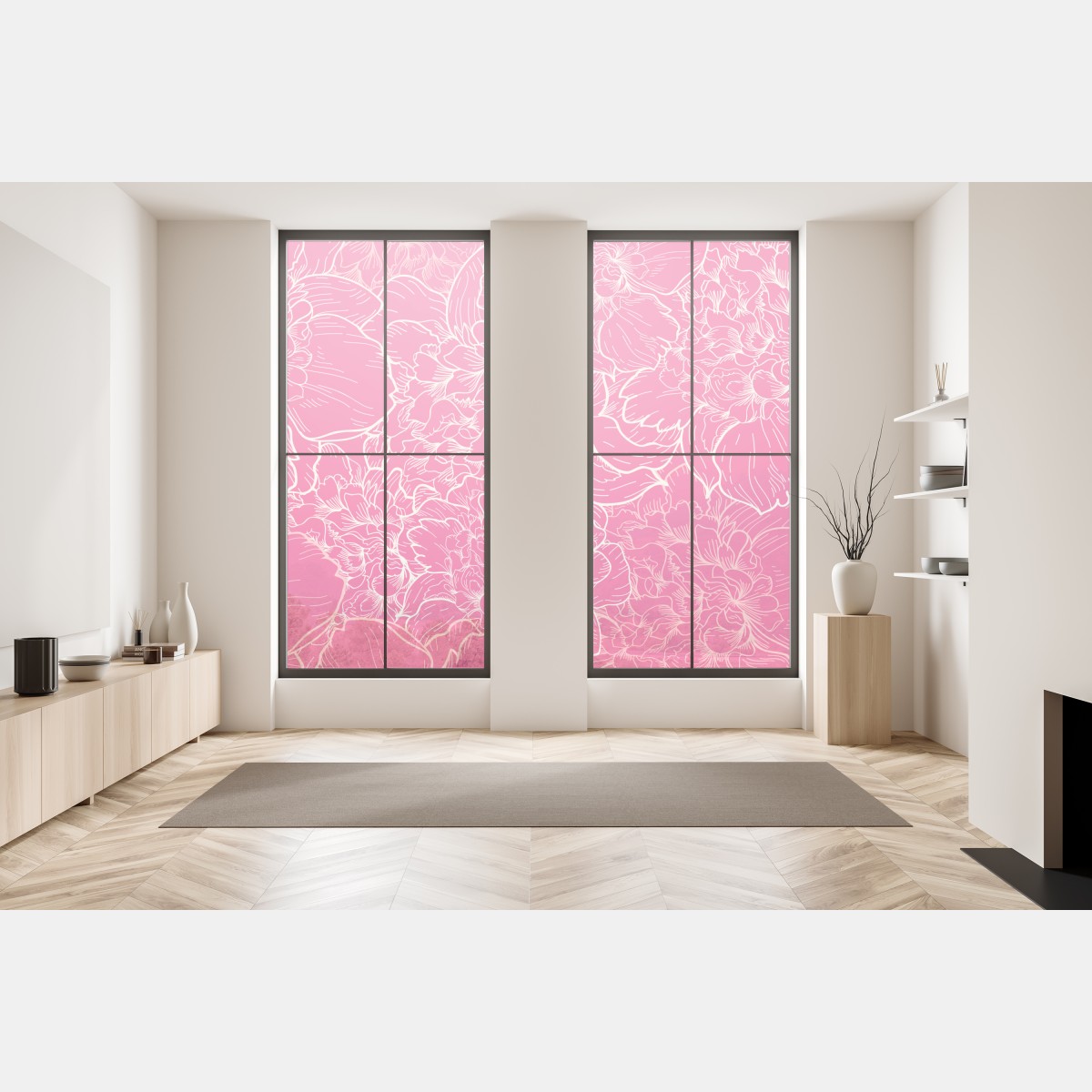 Naklejka na okno intensywny różowy wzór z peoniami – Wallissimo® Naklejka na okno intensywny różowy wzór z peoniami – Wallissimo®